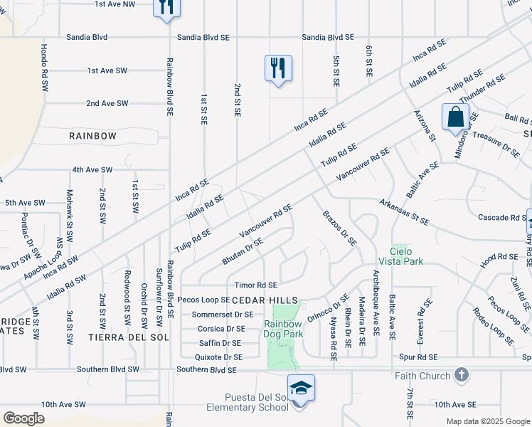 map of restaurants, bars, coffee shops, grocery stores, and more near 513 Vancouver Road Southeast in Rio Rancho