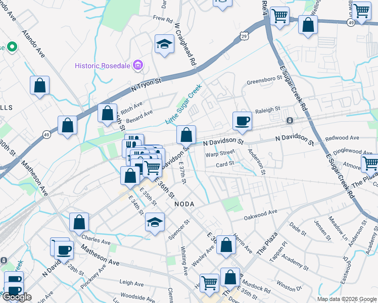 map of restaurants, bars, coffee shops, grocery stores, and more near in Charlotte