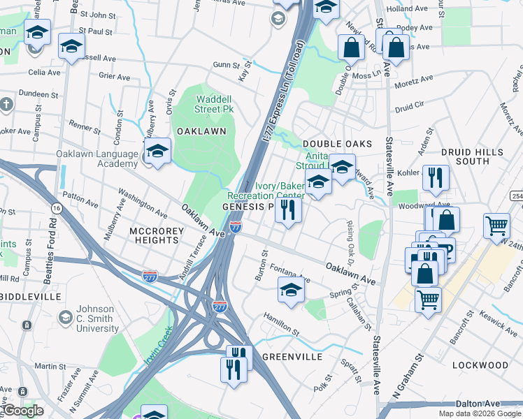 map of restaurants, bars, coffee shops, grocery stores, and more near 1912 Genesis Park Place in Charlotte