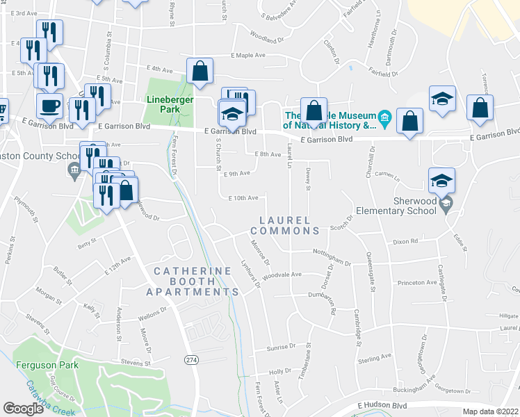 map of restaurants, bars, coffee shops, grocery stores, and more near 913 East 10th Avenue in Gastonia