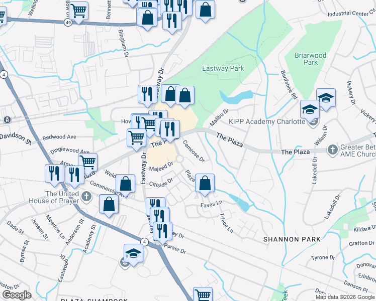 map of restaurants, bars, coffee shops, grocery stores, and more near 508 Camrose Drive in Charlotte