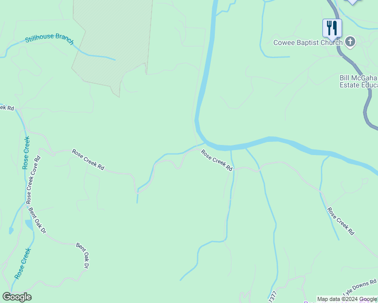 map of restaurants, bars, coffee shops, grocery stores, and more near Rose Creek Road in Macon County