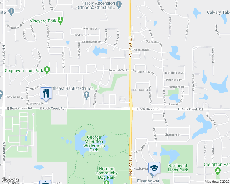 map of restaurants, bars, coffee shops, grocery stores, and more near 1121 Desert Willow Terrace in Norman