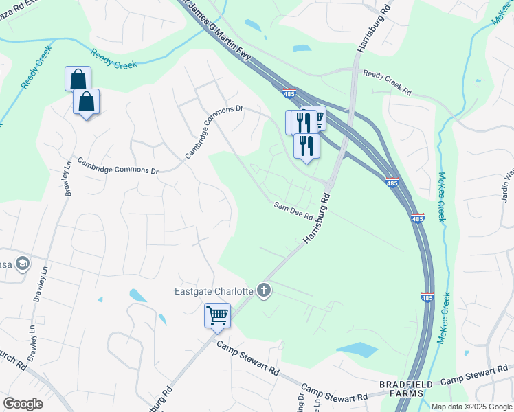 map of restaurants, bars, coffee shops, grocery stores, and more near 8205 Sam Dee Road in Charlotte