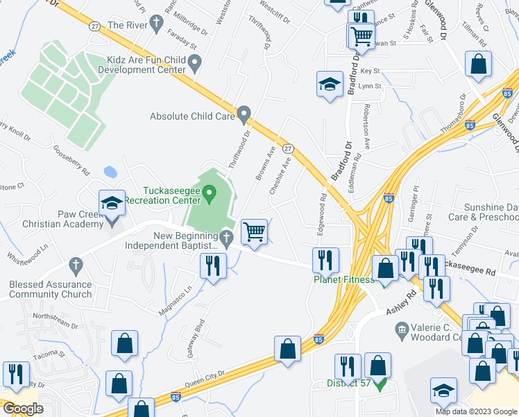 map of restaurants, bars, coffee shops, grocery stores, and more near 1416 Santee Street in Charlotte