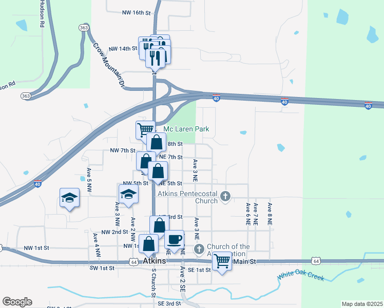 map of restaurants, bars, coffee shops, grocery stores, and more near 402 Avenue 3 Northeast in Atkins