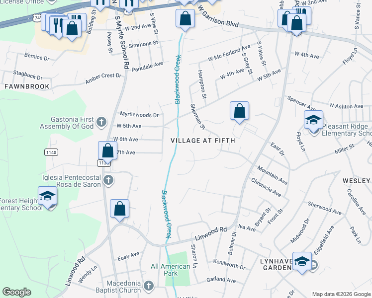map of restaurants, bars, coffee shops, grocery stores, and more near 2015 Hughes Avenue in Gastonia