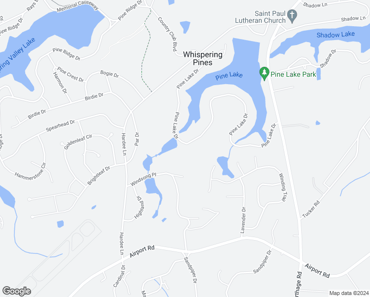 map of restaurants, bars, coffee shops, grocery stores, and more near 109 Pine Lake Drive in Whispering Pines