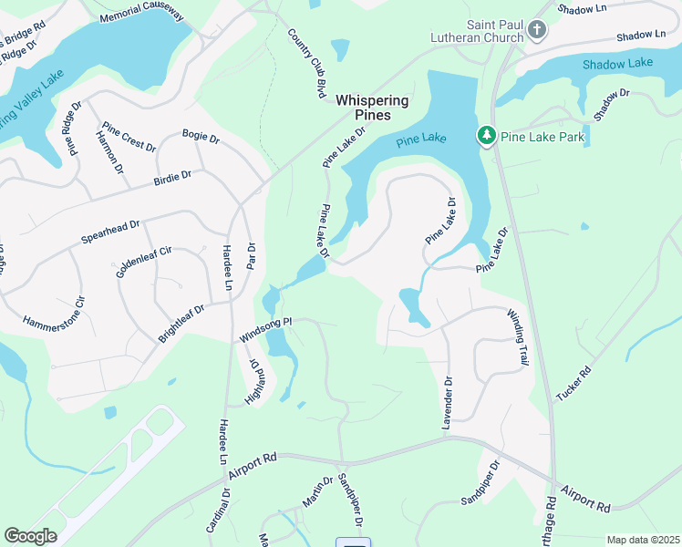 map of restaurants, bars, coffee shops, grocery stores, and more near 109 Pine Lake Drive in Whispering Pines