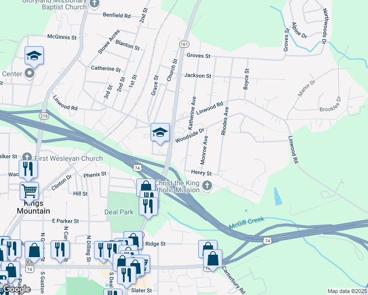 map of restaurants, bars, coffee shops, grocery stores, and more near 602 Woodside Drive in Kings Mountain