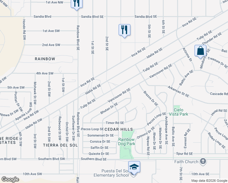 map of restaurants, bars, coffee shops, grocery stores, and more near 571 Vancouver Road Southeast in Rio Rancho