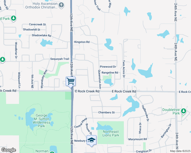 map of restaurants, bars, coffee shops, grocery stores, and more near 2521 Northern Hills Road in Norman