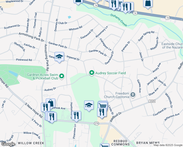 map of restaurants, bars, coffee shops, grocery stores, and more near 3228 Audrey Drive in Gastonia