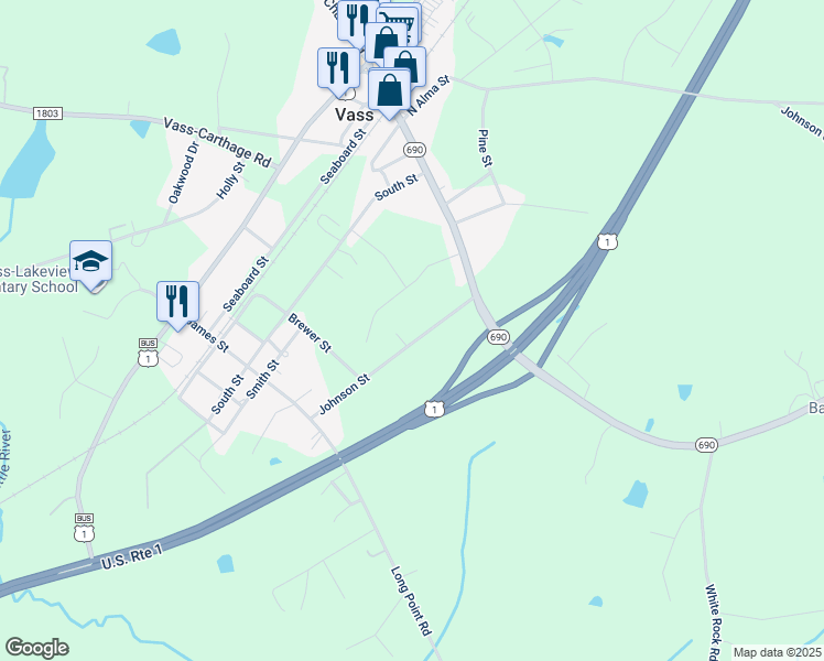 map of restaurants, bars, coffee shops, grocery stores, and more near 108 Johnson Street in Vass