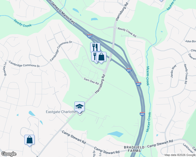 map of restaurants, bars, coffee shops, grocery stores, and more near 10619 Harrisburg Road in Charlotte