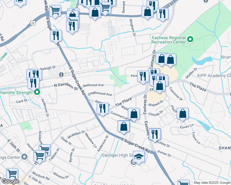 map of restaurants, bars, coffee shops, grocery stores, and more near 1019 Trembeth Drive in Charlotte