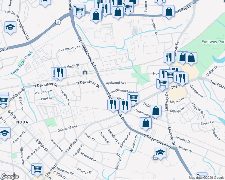 map of restaurants, bars, coffee shops, grocery stores, and more near 4034 Redwood Avenue in Charlotte