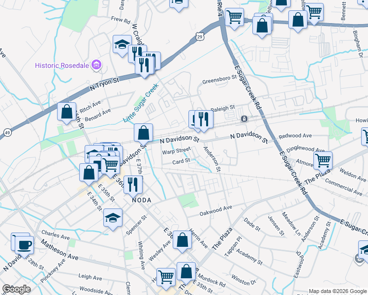 map of restaurants, bars, coffee shops, grocery stores, and more near 3586 North Davidson Street in Charlotte