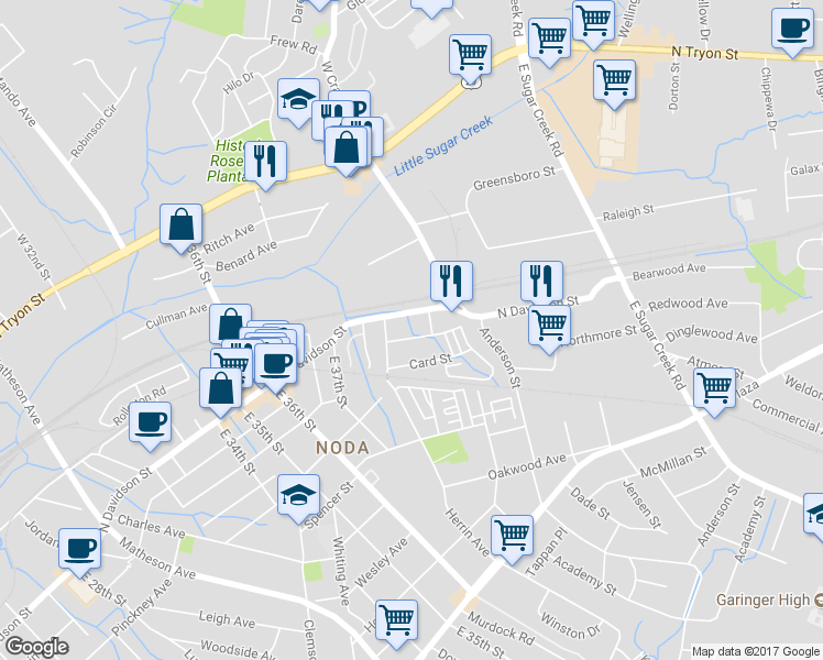 map of restaurants, bars, coffee shops, grocery stores, and more near in Charlotte