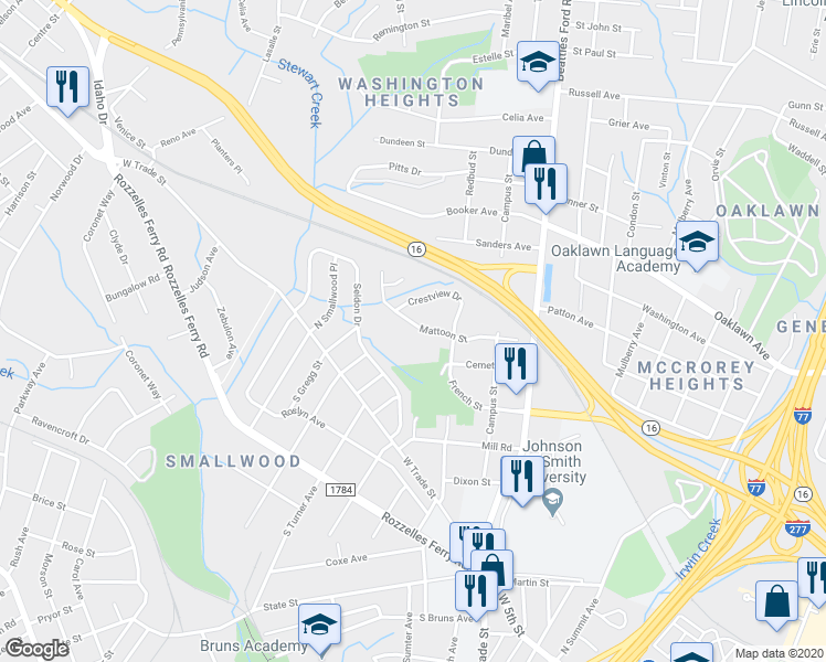 map of restaurants, bars, coffee shops, grocery stores, and more near 2415 Crestview Drive in Charlotte