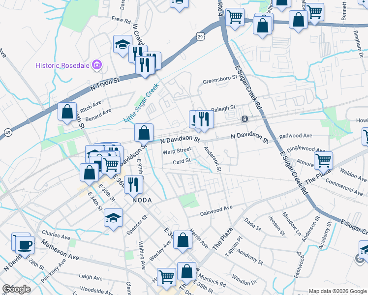map of restaurants, bars, coffee shops, grocery stores, and more near 3586 North Davidson Street in Charlotte