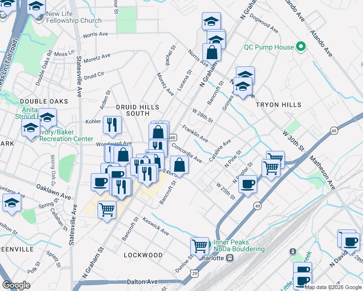map of restaurants, bars, coffee shops, grocery stores, and more near in Charlotte