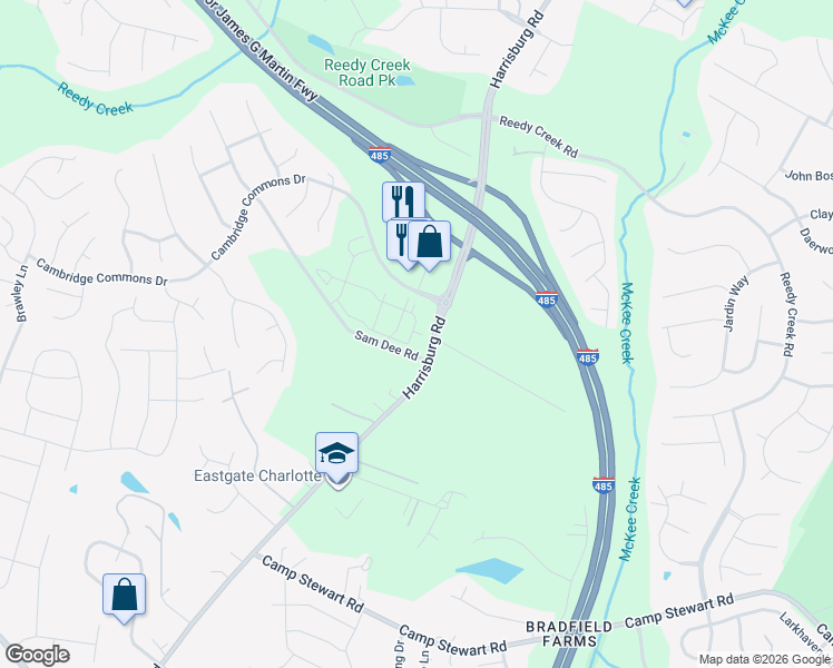 map of restaurants, bars, coffee shops, grocery stores, and more near 10619 Harrisburg Road in Charlotte