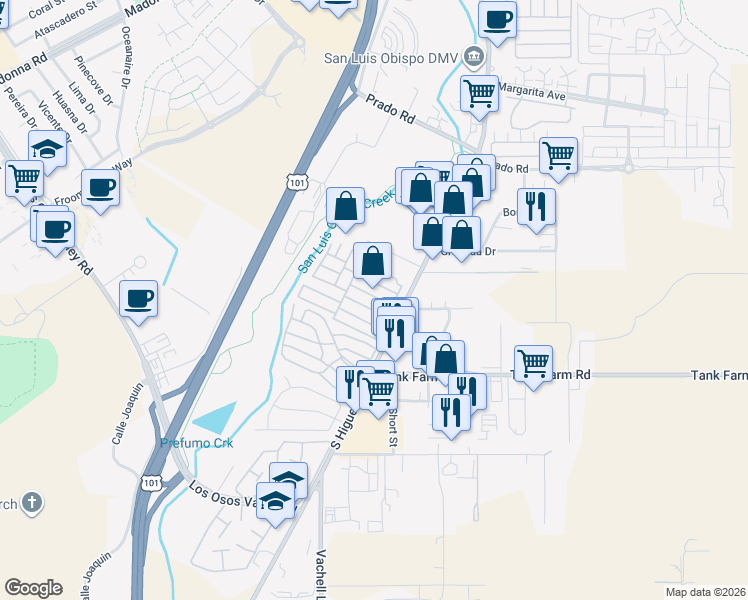 map of restaurants, bars, coffee shops, grocery stores, and more near 3860 South Higuera Street in San Luis Obispo