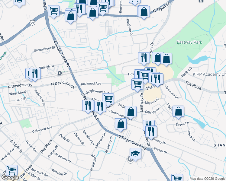 map of restaurants, bars, coffee shops, grocery stores, and more near 1019 Trembeth Drive in Charlotte