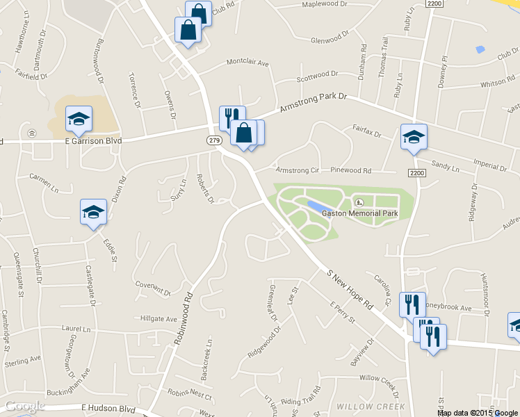 map of restaurants, bars, coffee shops, grocery stores, and more near 1126 South New Hope Road in Gastonia