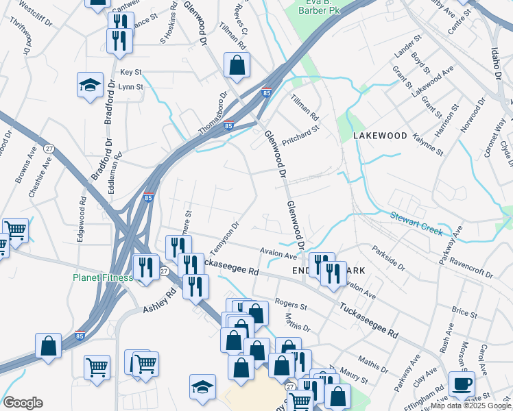 map of restaurants, bars, coffee shops, grocery stores, and more near 900 Tennyson Drive in Charlotte