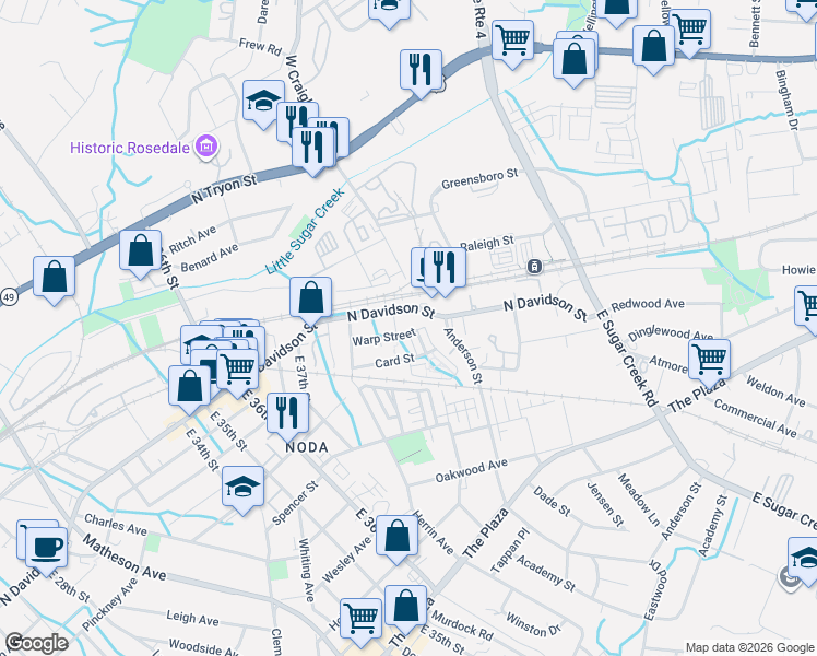 map of restaurants, bars, coffee shops, grocery stores, and more near 3584 North Davidson Street in Charlotte