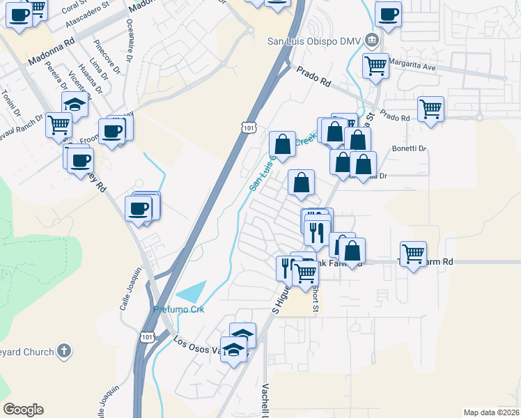 map of restaurants, bars, coffee shops, grocery stores, and more near 3860 South Higuera Street in San Luis Obispo
