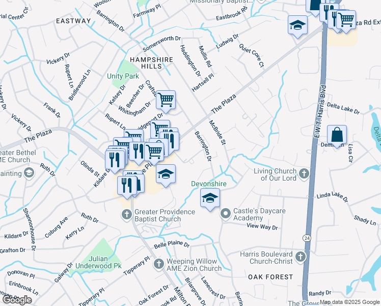 map of restaurants, bars, coffee shops, grocery stores, and more near 6410 The Plaza in Charlotte