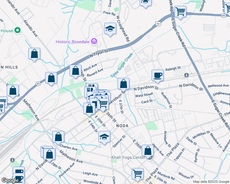map of restaurants, bars, coffee shops, grocery stores, and more near 321 E 36th St in Charlotte
