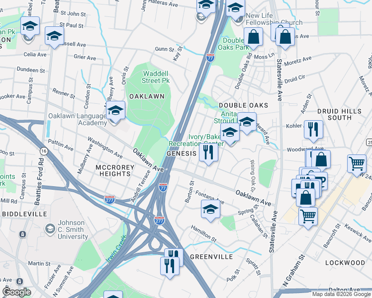 map of restaurants, bars, coffee shops, grocery stores, and more near 1912 Genesis Park Place in Charlotte