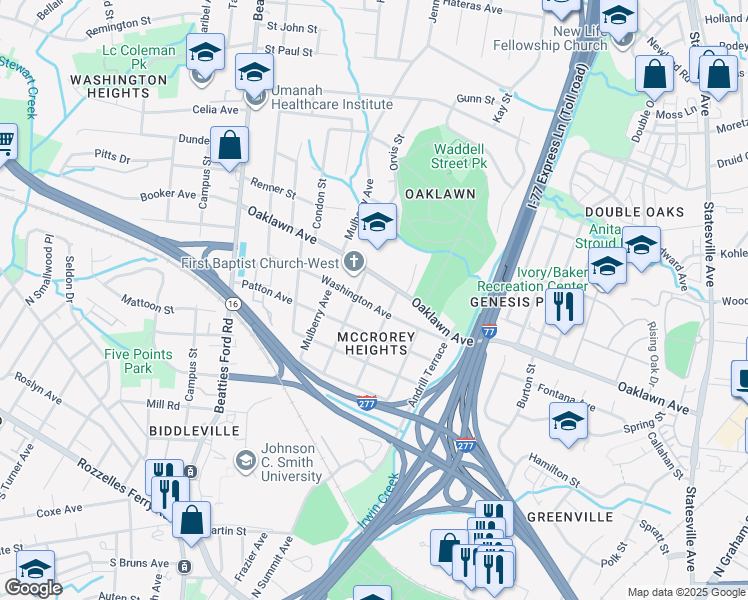 map of restaurants, bars, coffee shops, grocery stores, and more near 1713 Oaklawn Avenue in Charlotte