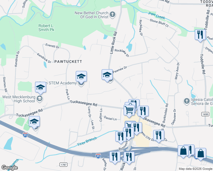 map of restaurants, bars, coffee shops, grocery stores, and more near 2028 Little Rock Road in Charlotte