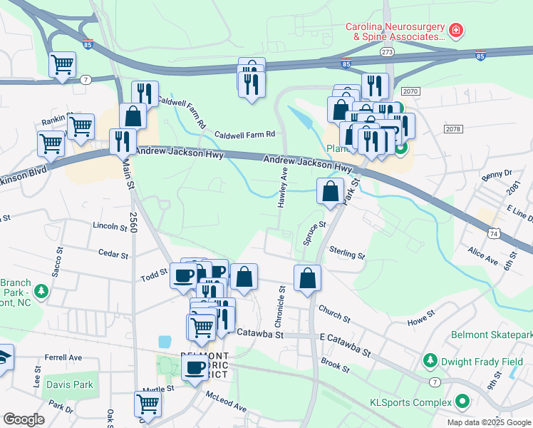 map of restaurants, bars, coffee shops, grocery stores, and more near 407 Hawley Avenue in Belmont