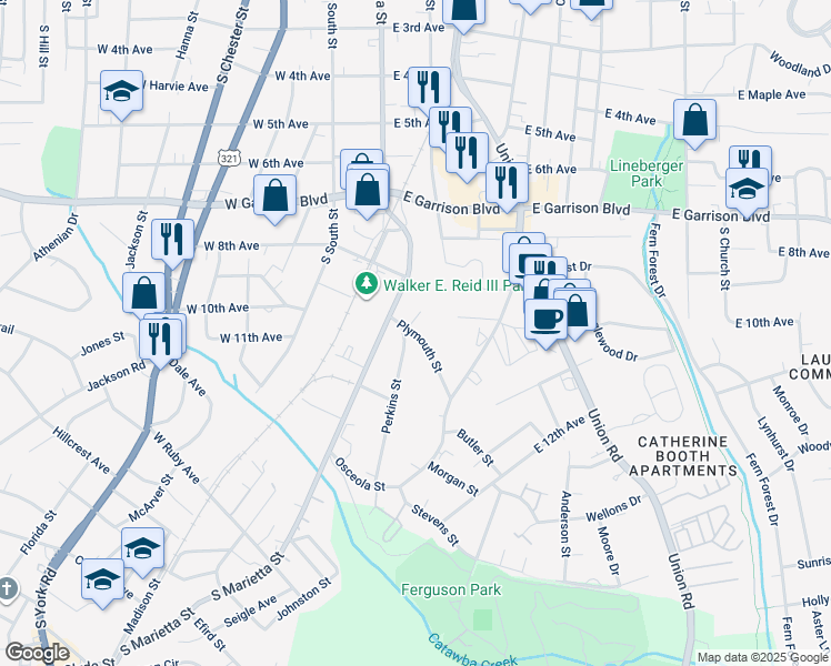 map of restaurants, bars, coffee shops, grocery stores, and more near 62 Fox Street in Gastonia