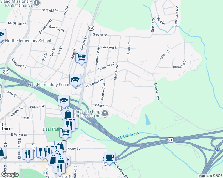 map of restaurants, bars, coffee shops, grocery stores, and more near 513 Rhodes Avenue in Kings Mountain