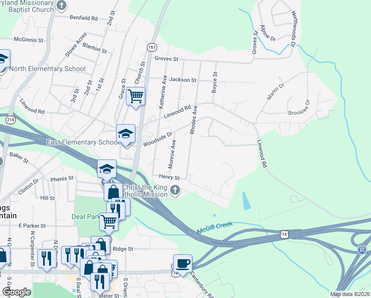 map of restaurants, bars, coffee shops, grocery stores, and more near 513 Rhodes Avenue in Kings Mountain