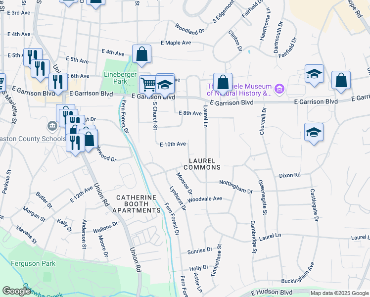 map of restaurants, bars, coffee shops, grocery stores, and more near 913 East 10th Avenue in Gastonia