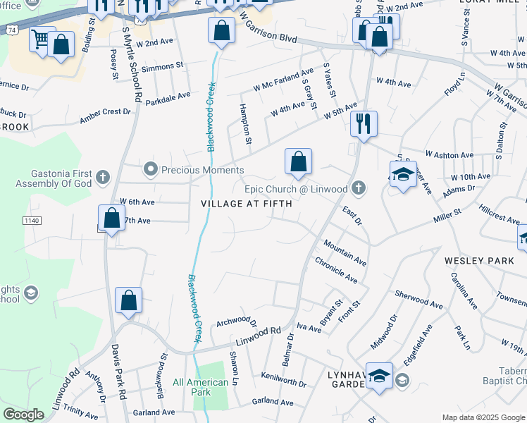 map of restaurants, bars, coffee shops, grocery stores, and more near 1551 Peabody Court in Gastonia