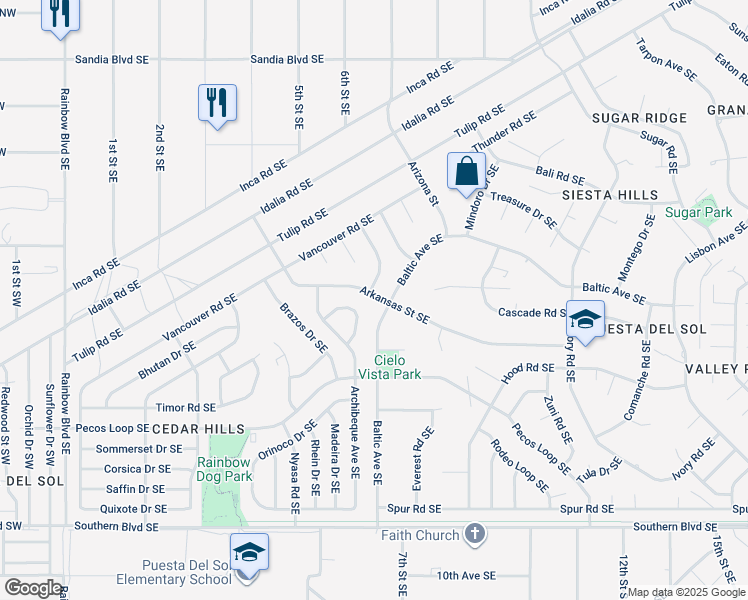 map of restaurants, bars, coffee shops, grocery stores, and more near 615 Arkansas Street Southeast in Rio Rancho