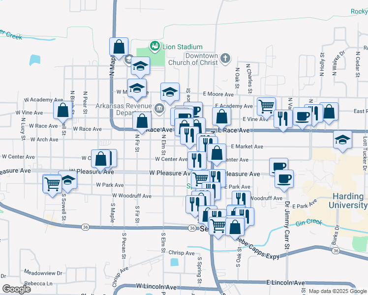 map of restaurants, bars, coffee shops, grocery stores, and more near 119 West Arch Avenue in Searcy