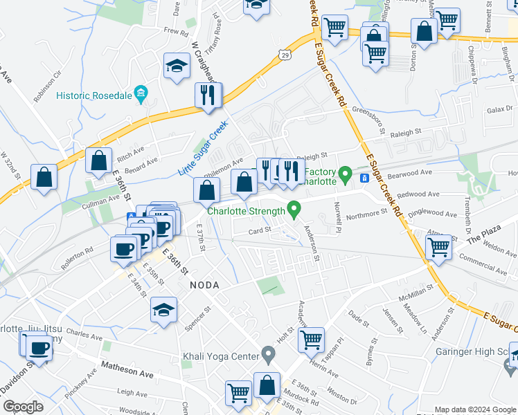 map of restaurants, bars, coffee shops, grocery stores, and more near 532 Donatello Avenue in Charlotte