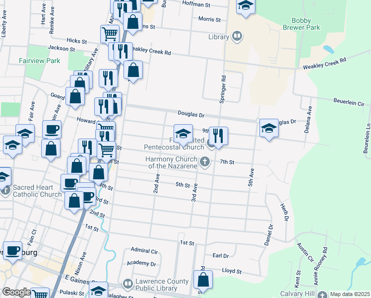 map of restaurants, bars, coffee shops, grocery stores, and more near 510 7th Street in Lawrenceburg