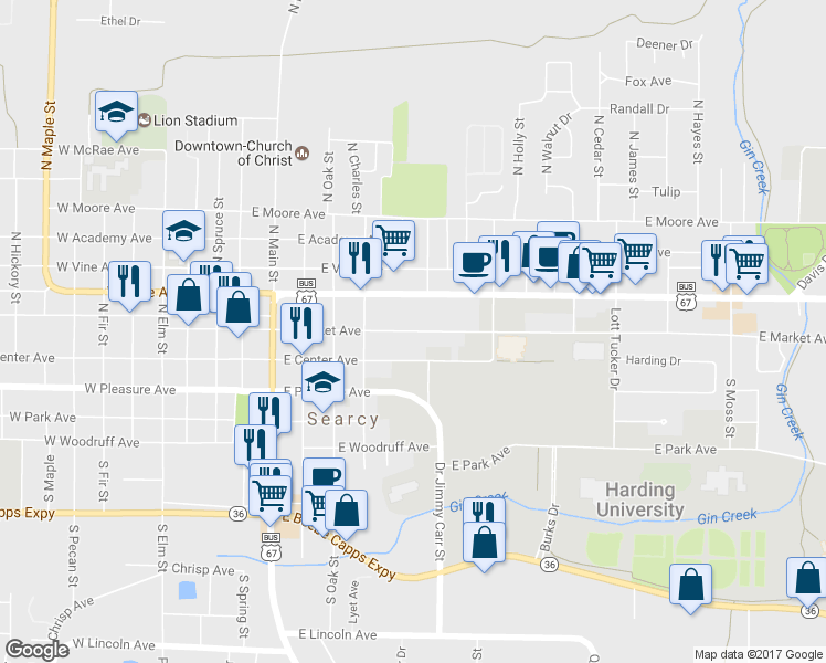 map of restaurants, bars, coffee shops, grocery stores, and more near 608 East Market Avenue in Searcy