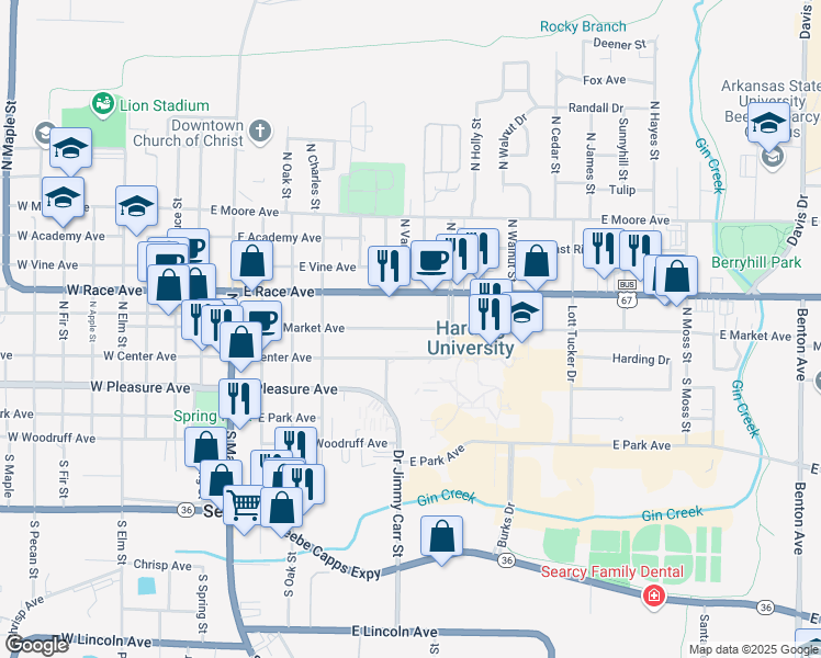 map of restaurants, bars, coffee shops, grocery stores, and more near 708 East Market Avenue in Searcy